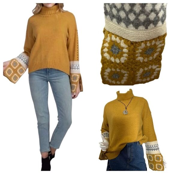 En Creme Gold Turtleneck Crochet Sleeves Sweater -- M/L - Picture 1 of 15